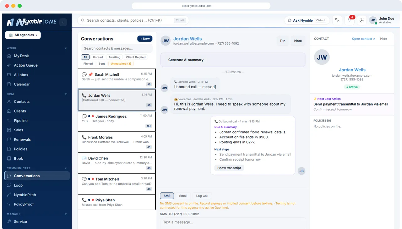 Conversations hub with a client's missed call, voicemail and outbound call on one thread, next to the contact card
