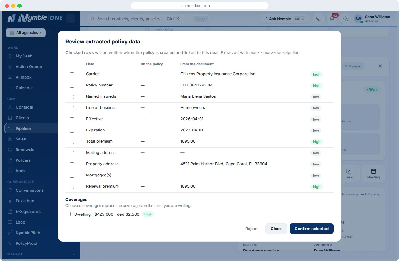 Review screen showing carrier, policy number, dates and premium that AI read from a declarations page, each with a confidence tag